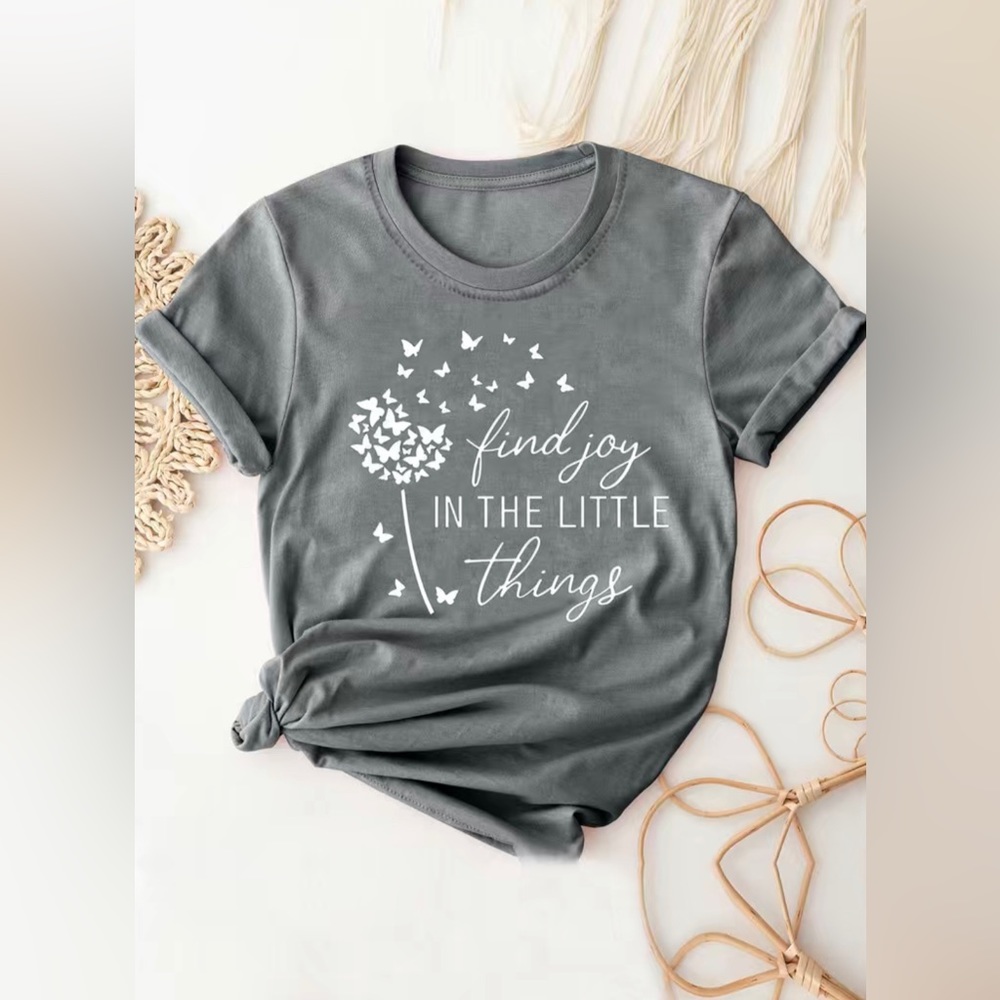 Grey JOY Graphic Print Casual Short Sleeve T-Shirt with Butterflies 🦋 🌝🌻